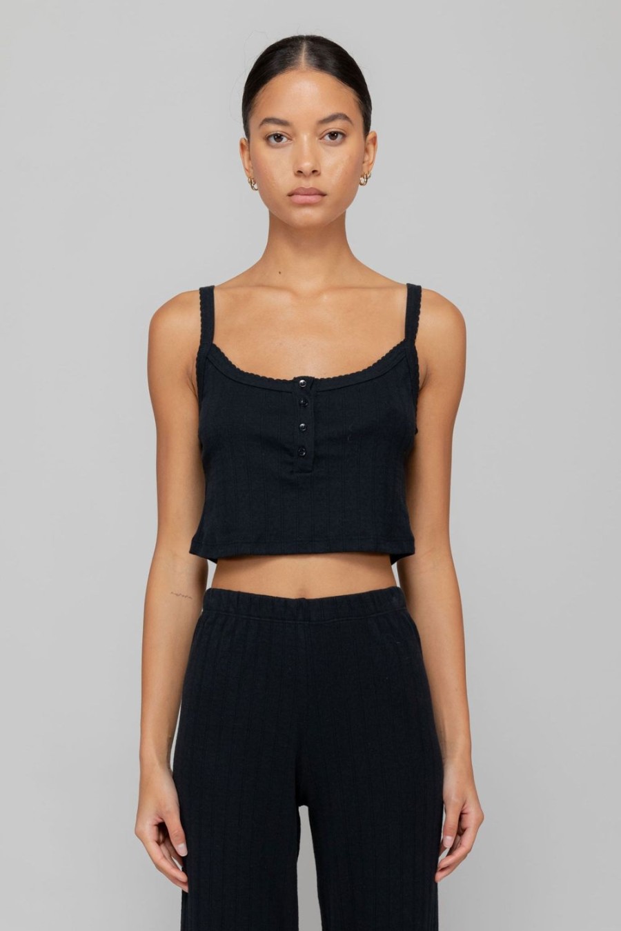 Clothing LESET | Pointelle Crop Button Scoop Neck Tank