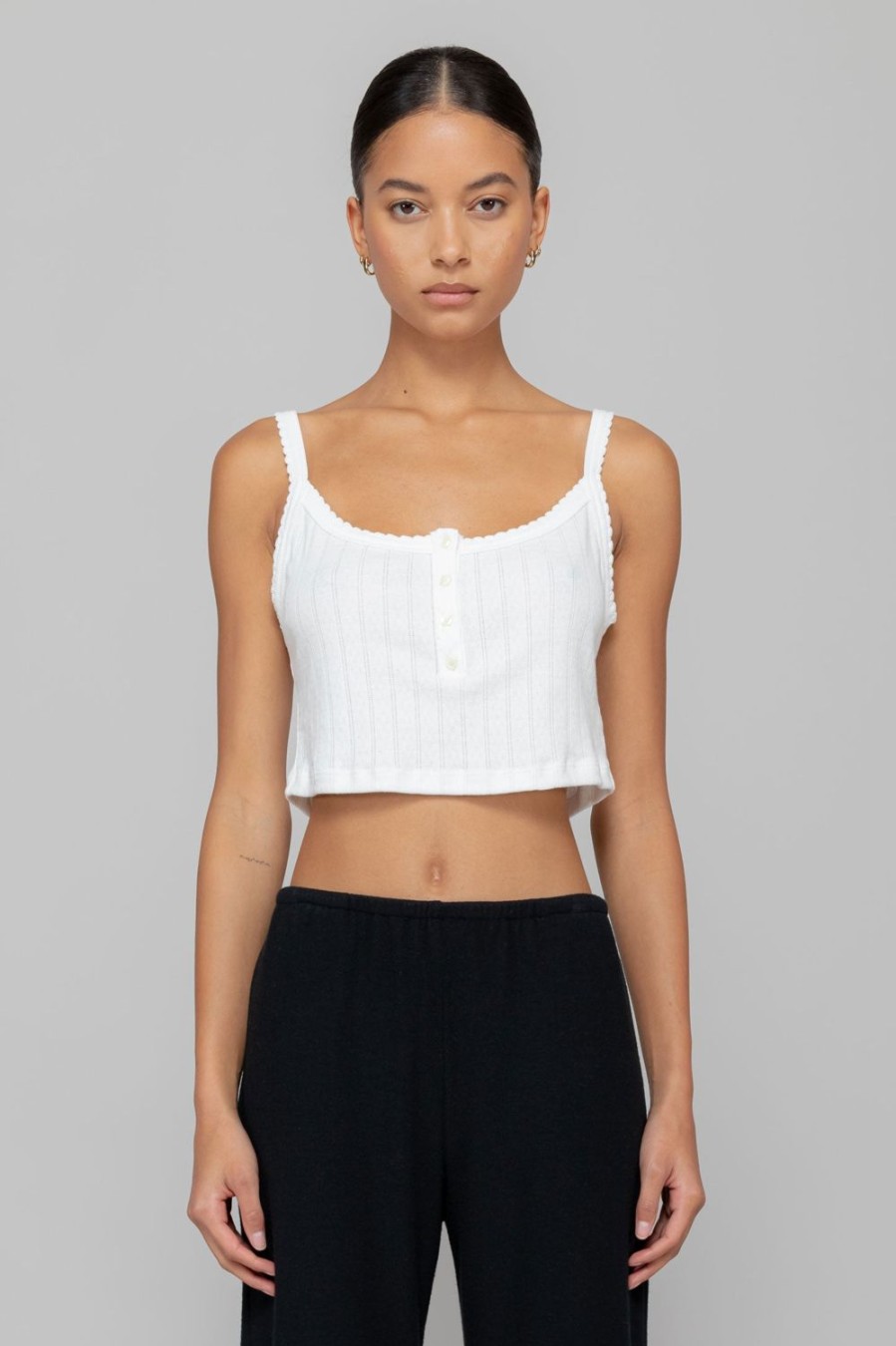 Clothing LESET | Pointelle Crop Button Scoop Neck Tank